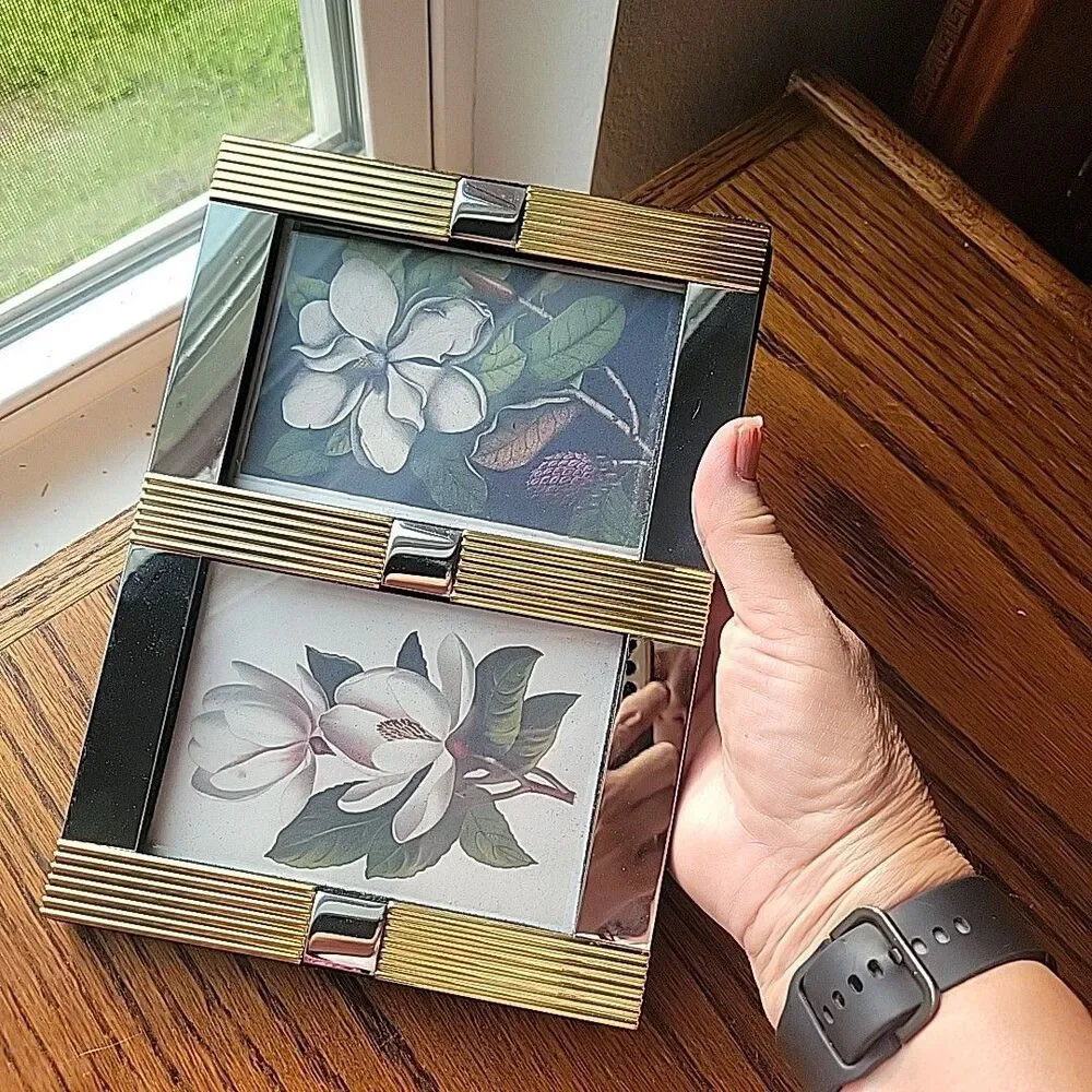 Vtg 2 Tone Gold and Silver Double photo frame holds 2- 3.5x5 photos MCM Art Deco